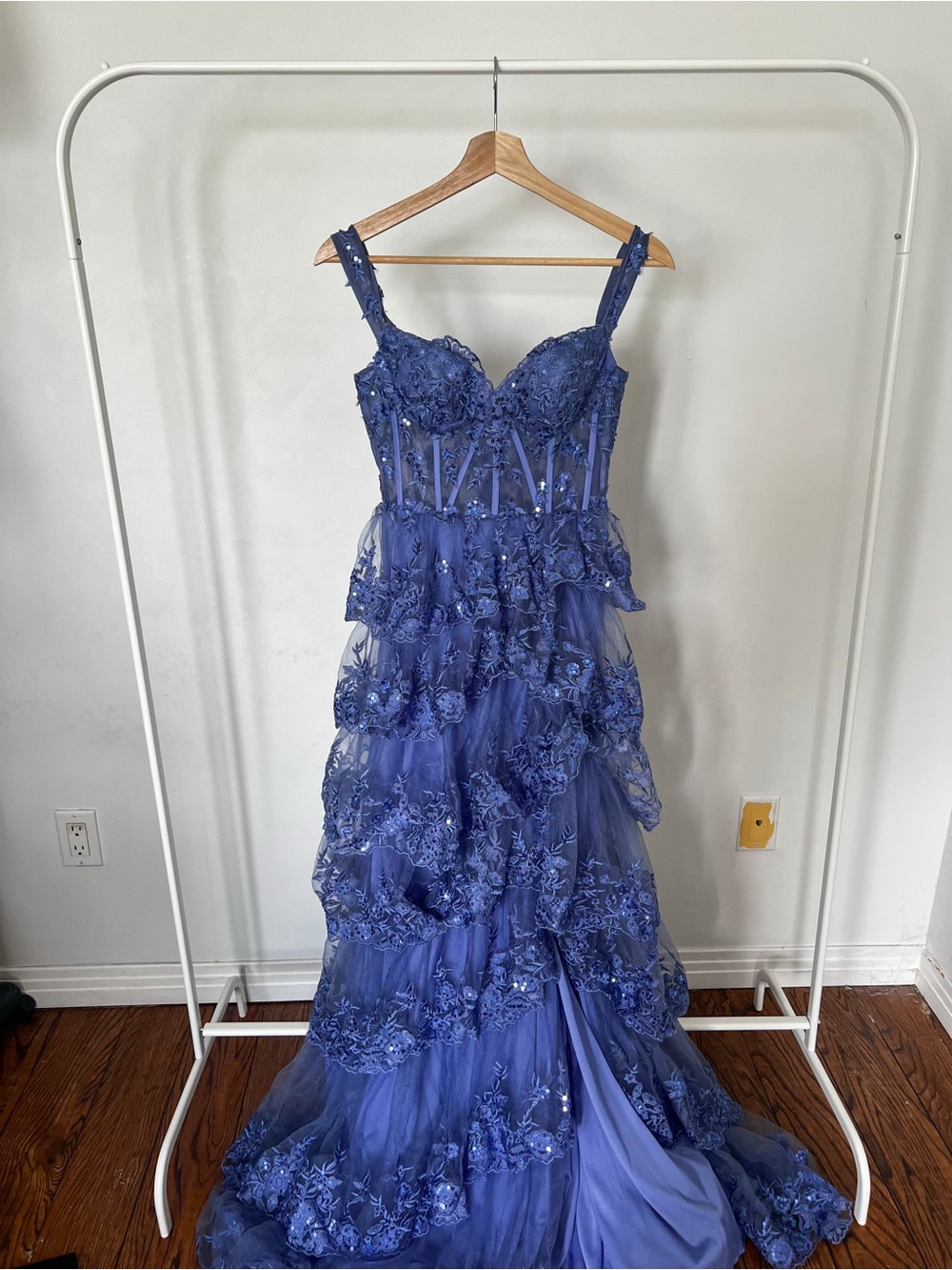 Embellished Ruffled Tulle Gown in Periwinkle